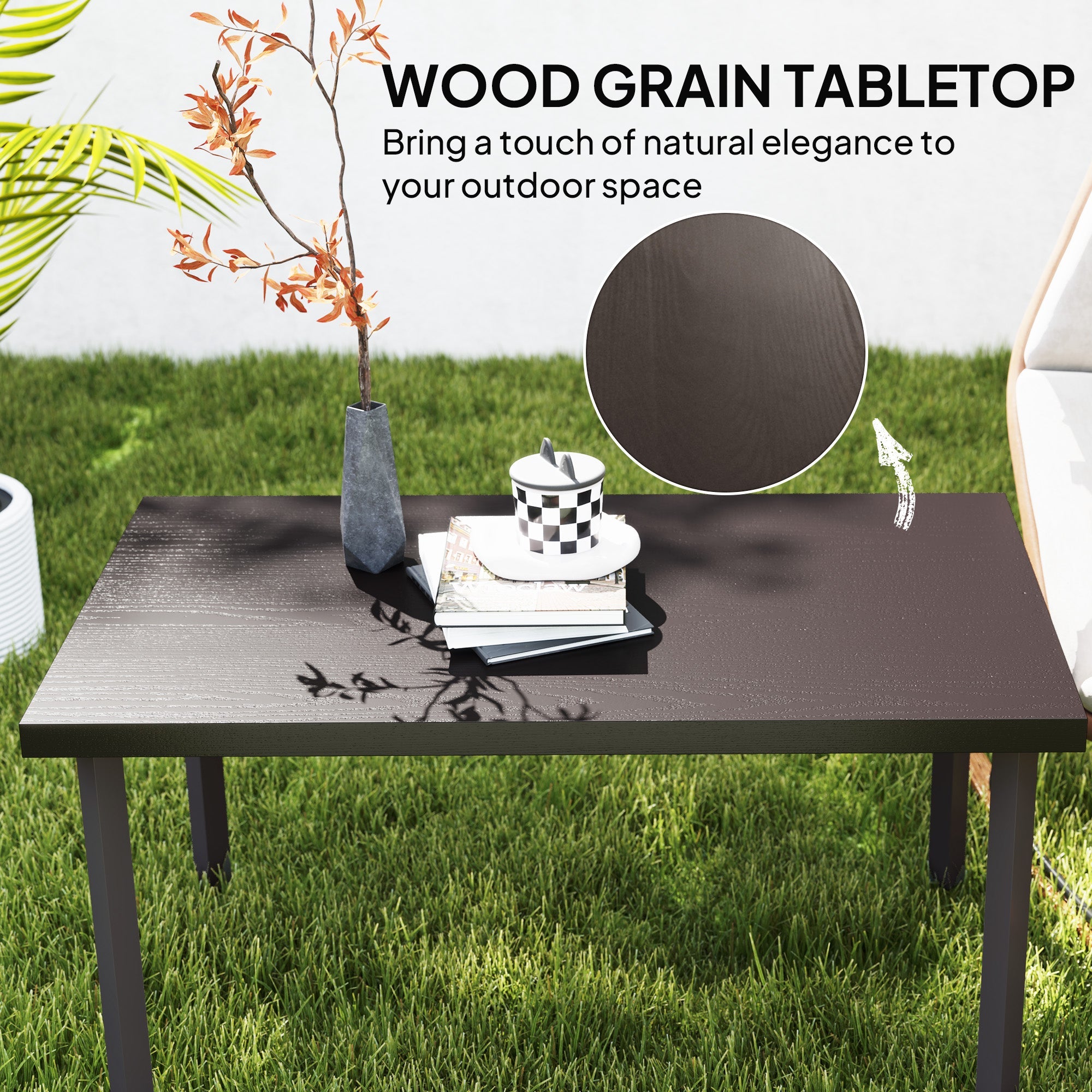Outsunny Metal Outdoor Side Table, Rectangle Patio Coffee Table with Woodgrain Tabletop for Outside Garden, Brown 