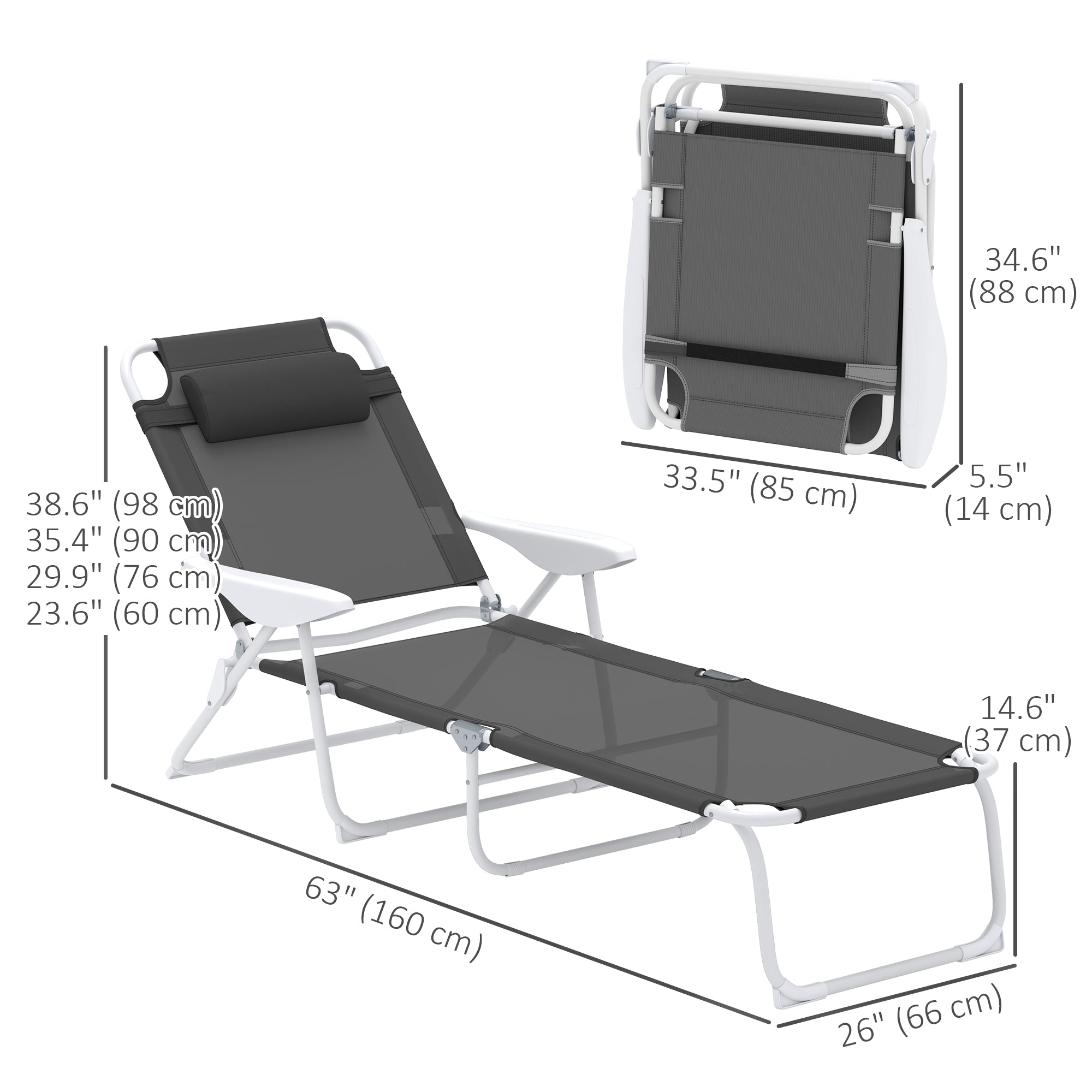 Outsunny Outdoor Sun Lounger, Folding Chaise Lounge with 4-level Adjustable Backrest, Charcoal Grey 