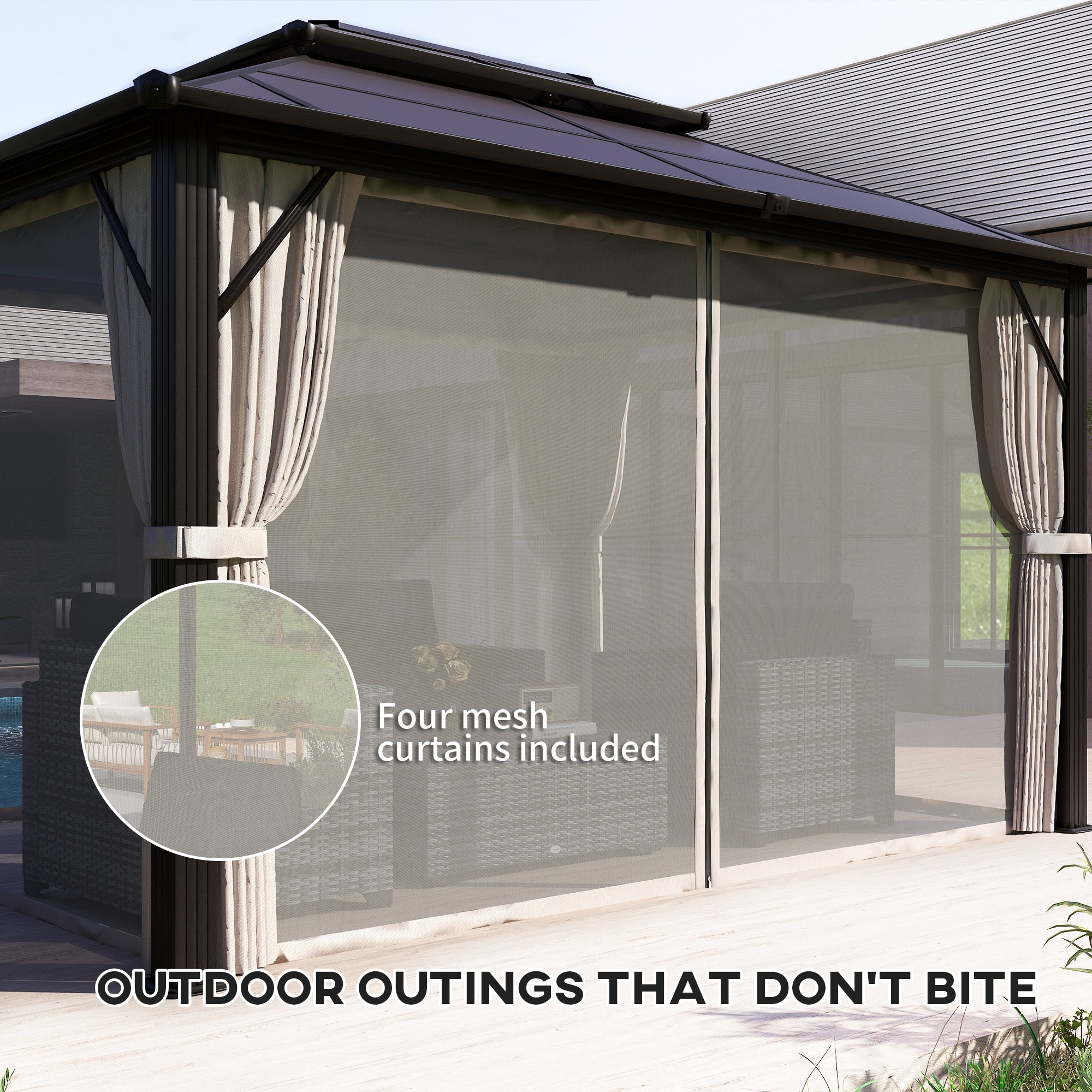 Outsunny 10' x 13' Hardtop Gazebo Canopy with UPF30+ Double Polycarbonate Roof, Aluminum Frame, Netting and Curtains, Beige 