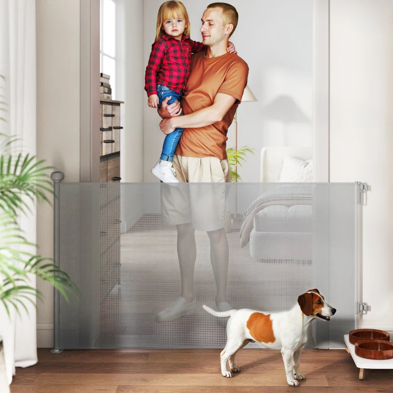 Retractable Dog Gate Extends Up to 55" Wide, 34" Tall, for Stairs, Doorways, Hallways, Indoor and Outdoor, Grey