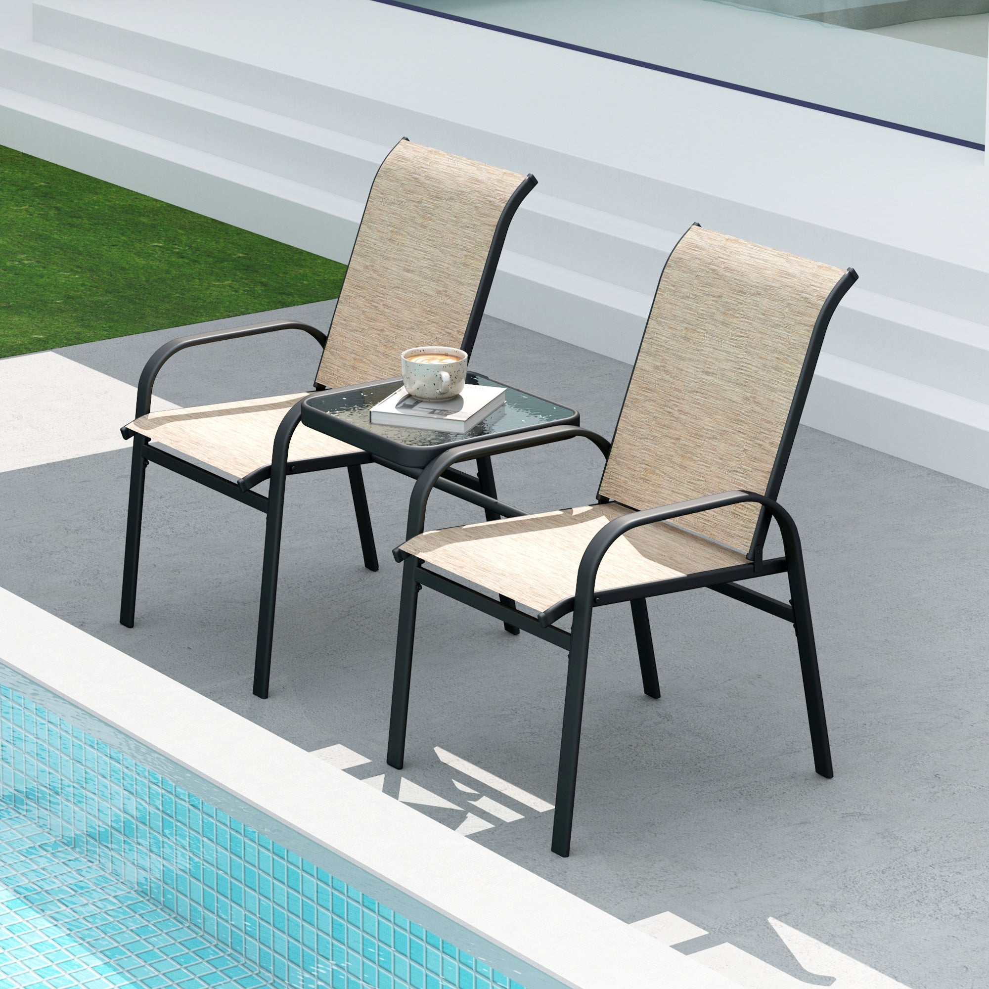 Outsunny Outdoor Loveseat with Glass Table, Garden Patio Bench with Breathable Mesh Seat, High Back, Armrests, Brown 