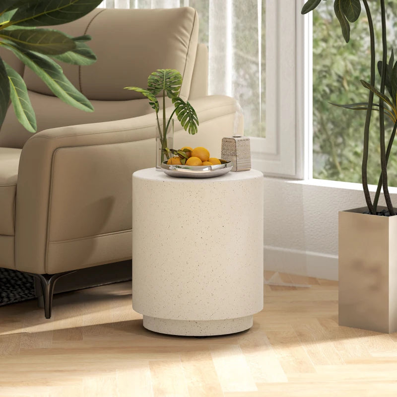 Terrazzo Finish Side Table, 17" Round End Table for Indoor and Outdoor, Cream White