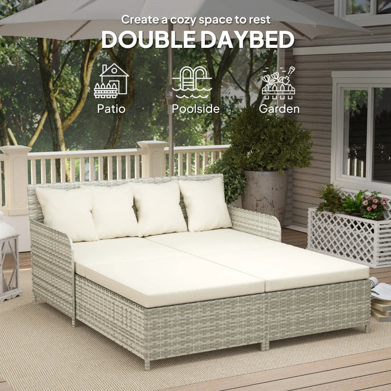 Rattan Outdoor Daybed, Sunbed Loveseat with Soft Cushions, 4 Pillows, Curved Backrest & Armrest, Beige