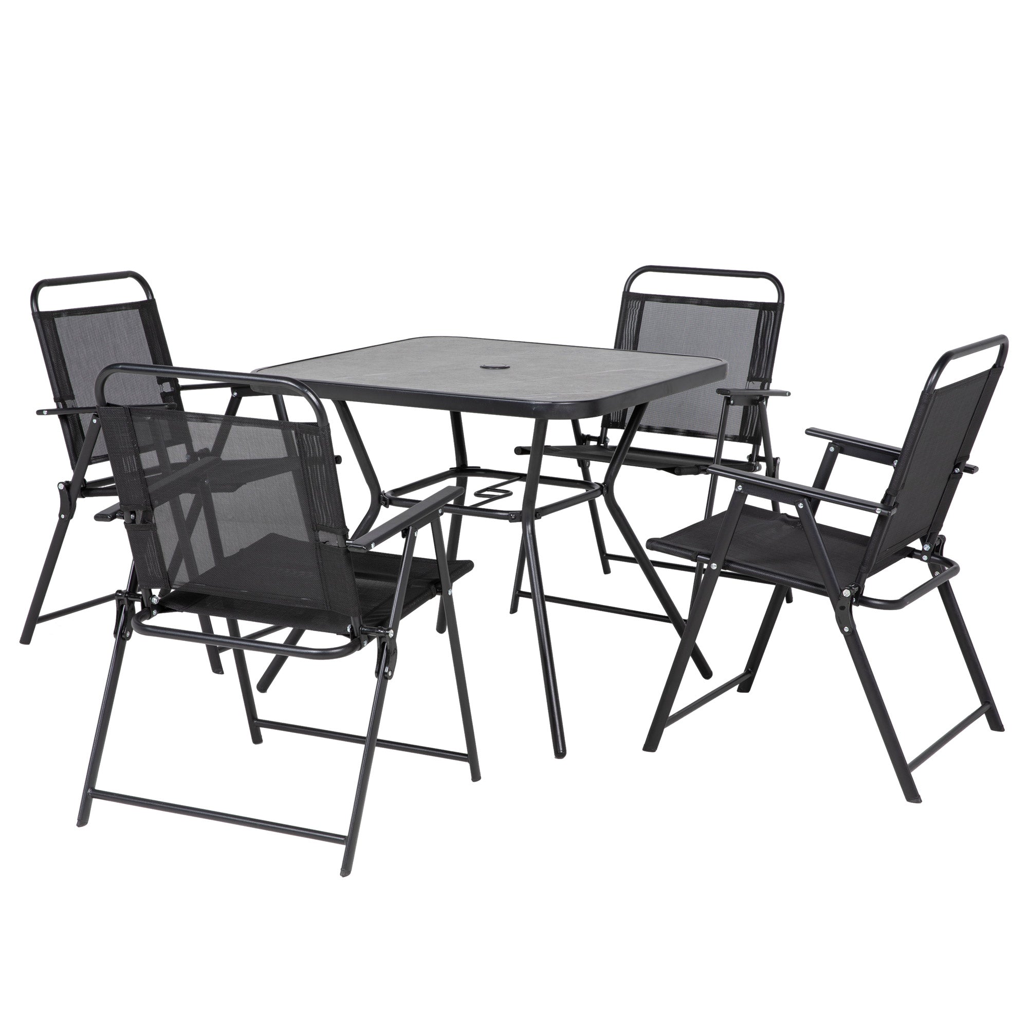 Outsunny 5-Piece Outdoor Dining Set Foldable Chairs Umbrella Hole Wood-plastic Table Mesh Seat Black 