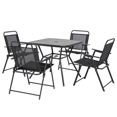 Outsunny 5-Piece Outdoor Dining Set Foldable Chairs Umbrella Hole Wood-plastic Table Mesh Seat Black 