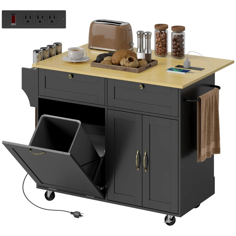 Kitchen Island Cart with Charging Station and Drop Leaf, Kitchen Island Table on Wheels with Trash Can Cabinet, Black