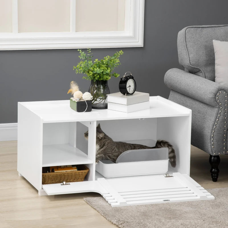 Hidden Cat Litter Box Furniture, Cat Litter Box Enclosure with Storage Compartments and Side Table Function, White