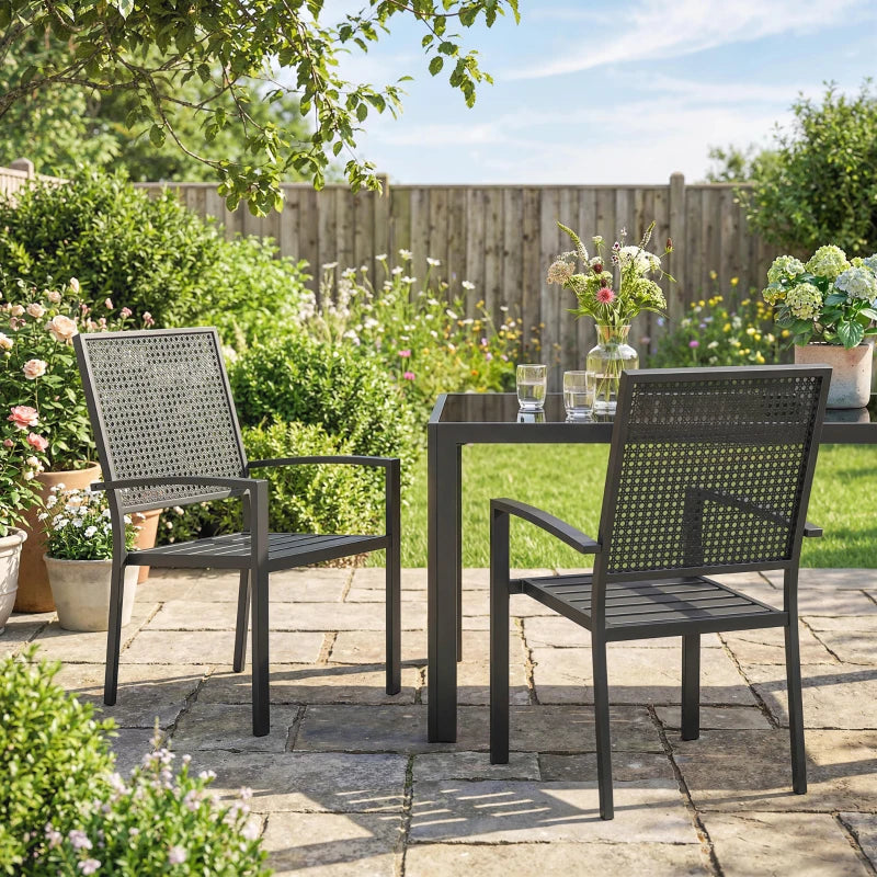 Stackable Patio Chairs Set of 2, Outdoor Dining Chairs with Faux Wicker Steel Mesh Back, Slatted Seat, Armrests, Black