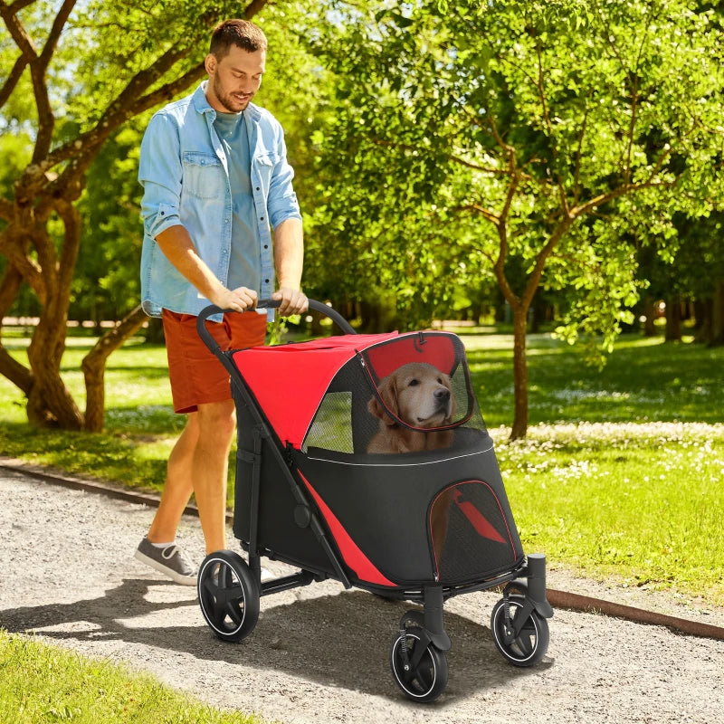 Foldable Pet Stroller with Universal Front Wheels, Shock Absorber, Dog Cat Carriage for Large & Medium Dogs, Red