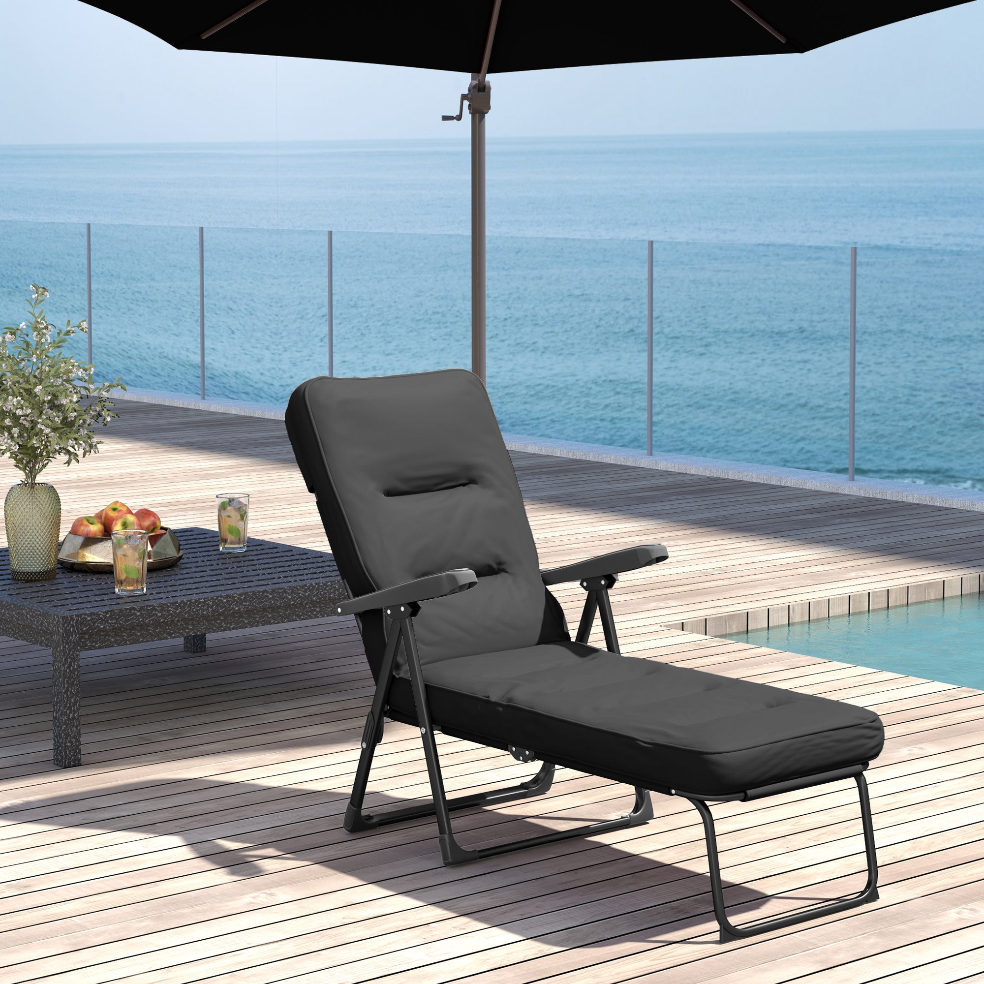 Outsunny Folding Outdoor Lounge Chair with Cushion, Adjustable Backrest, Reclining Patio Garden Chair with Footrest, Black 