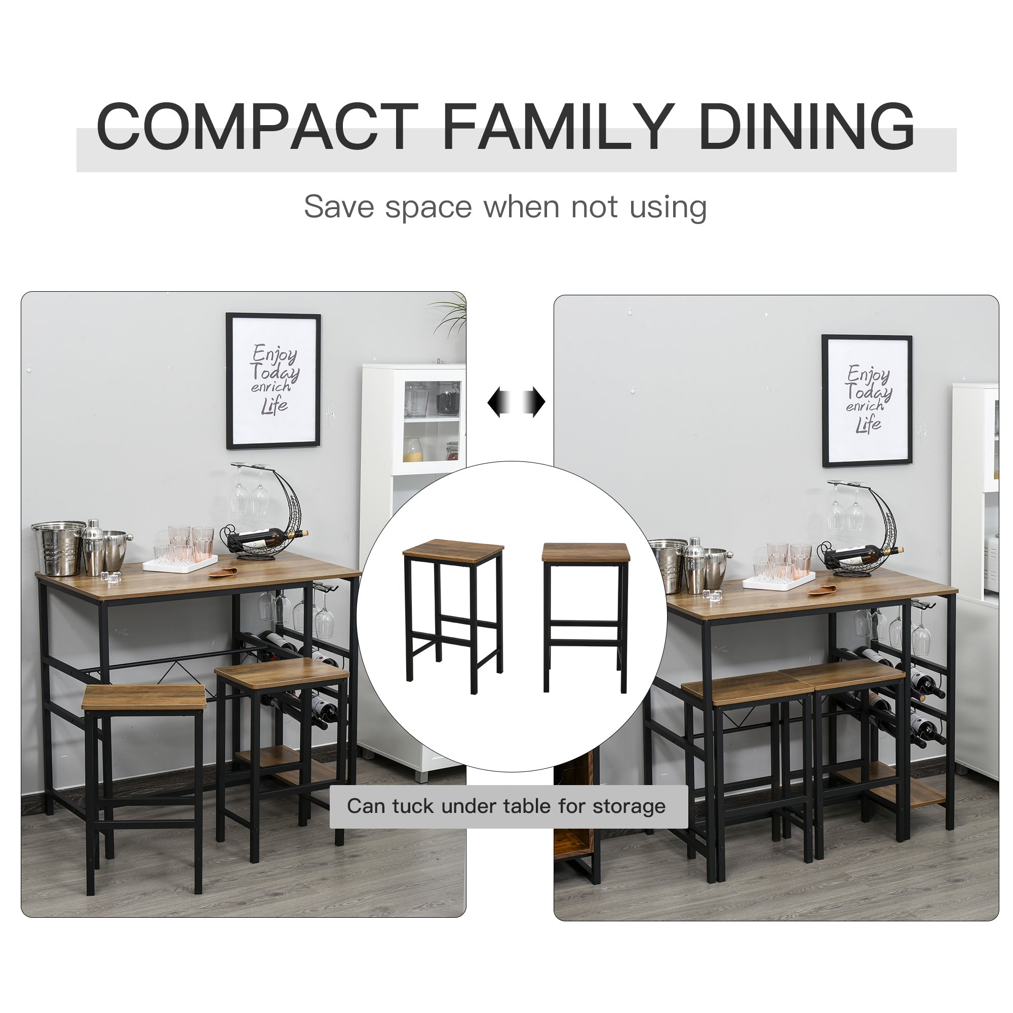 HOMCOM 3 Piece Dining Set Table Chairs Bar Bistro 8-Bottle Wine Rack Cup Holder Metal Frame 
