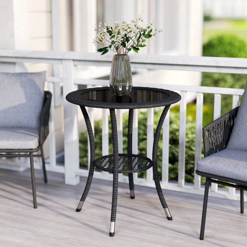 Outdoor Rattan Dining Table, Patio Wicker Round Coffee Table with 2-Tier Storage Shelf, Black