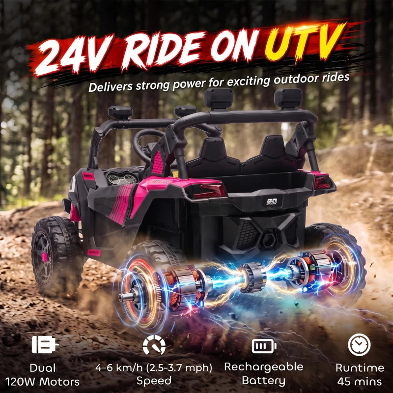 24V 2-Seater Kids Electric UTV Ride-On Truck – Dual 120W Motors, Remote Control, 4-Wheel Suspension & Storage Bed