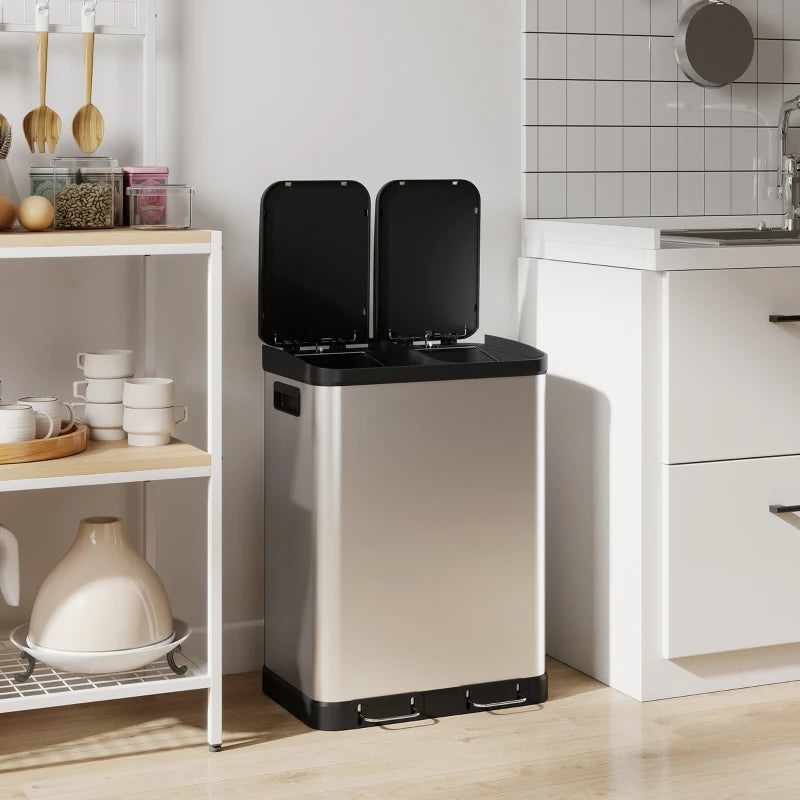 Kitchen Garbage Bin, 2 x 7.9 Gal (2 x 30 L) Trash Can, Soft-Close Garbage Can with Removable Inner Buckets, Silver