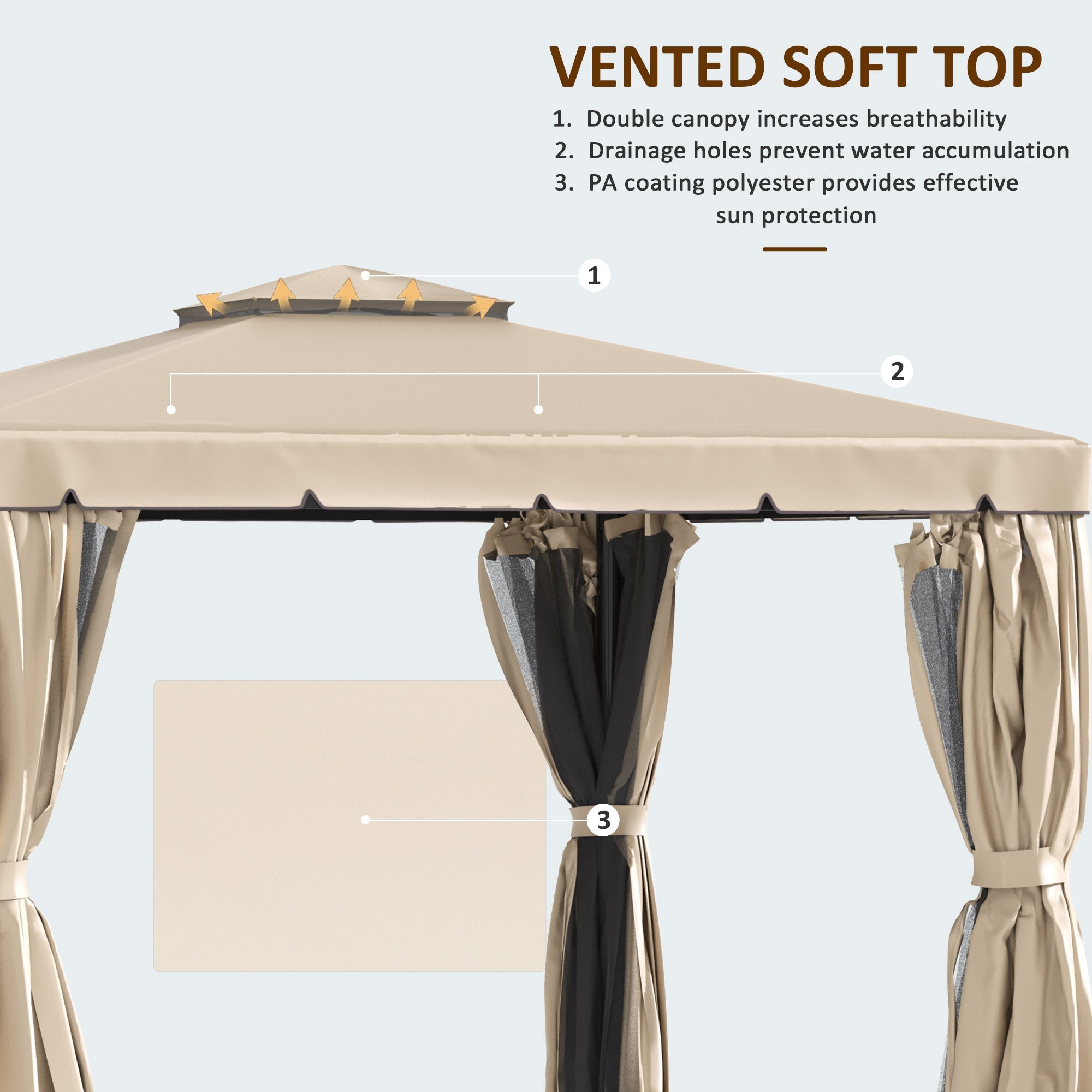 Outsunny 10'x10' Soft-top Patio Gazebo Canopy Garden Shelter Tent with Double Tier Roof, Polyester Curtains, Mesh Screen Drapes, Khaki 