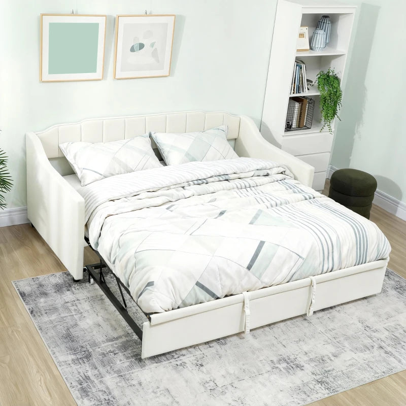 Upholstered Twin Trundle Bed, Extendable Twin to King Day Bed with Headboard and Armrests, Cream White
