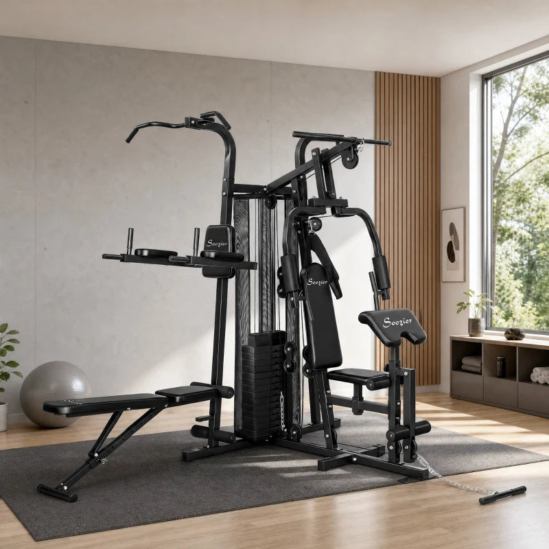 All-in-One Multi-Station Home Gym Workout Machine with Weight Stack, Pulley System & Adjustable Bench – Black