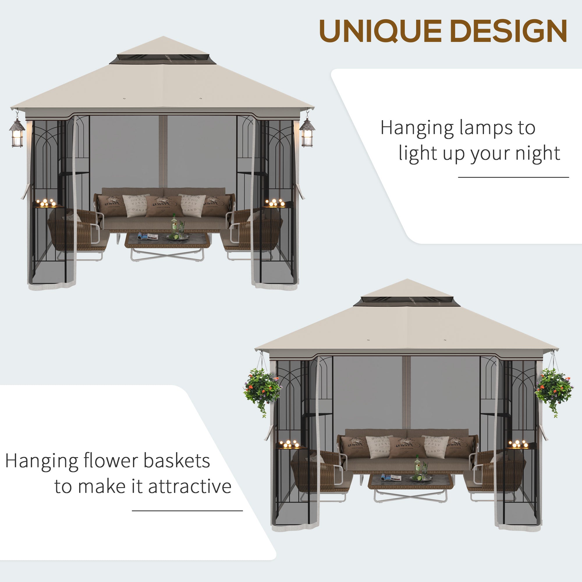 Outsunny 10'x10' Soft-top Patio Gazebo Deck Canopywith Double Tier Roof, Removable Mesh Curtains, Display Shelves, Top Hooks, Beige 