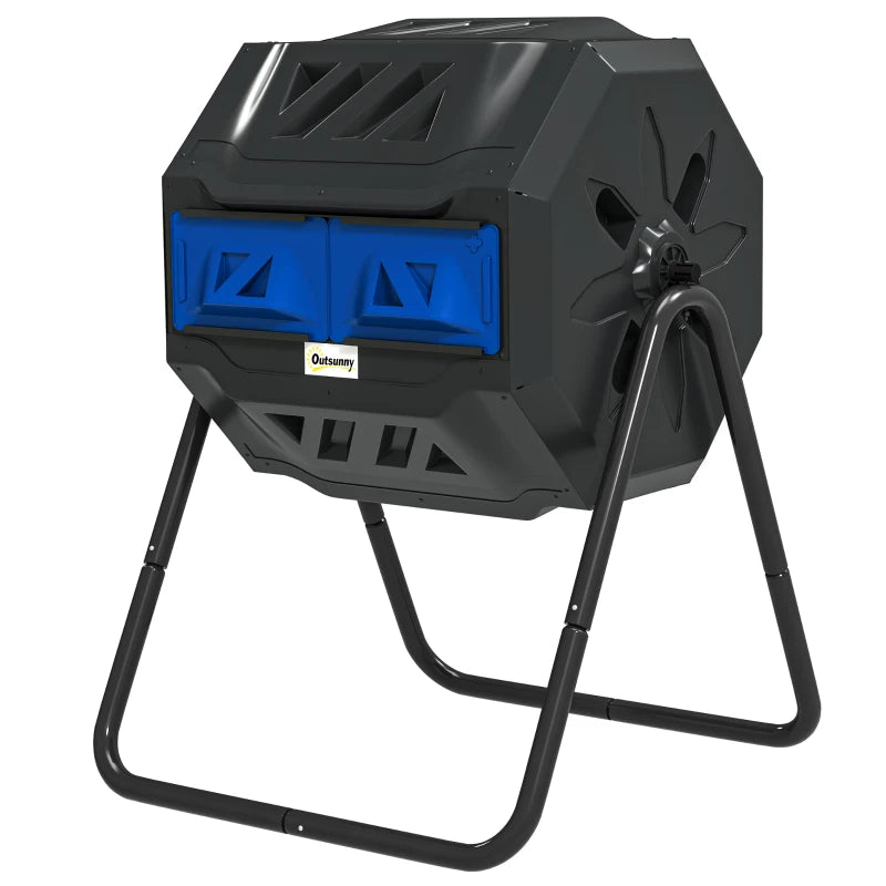 Tumbling Compost Bin Outdoor Dual Chamber 360° Rotating Composter 43 Gallon with Sliding Doors, Blue