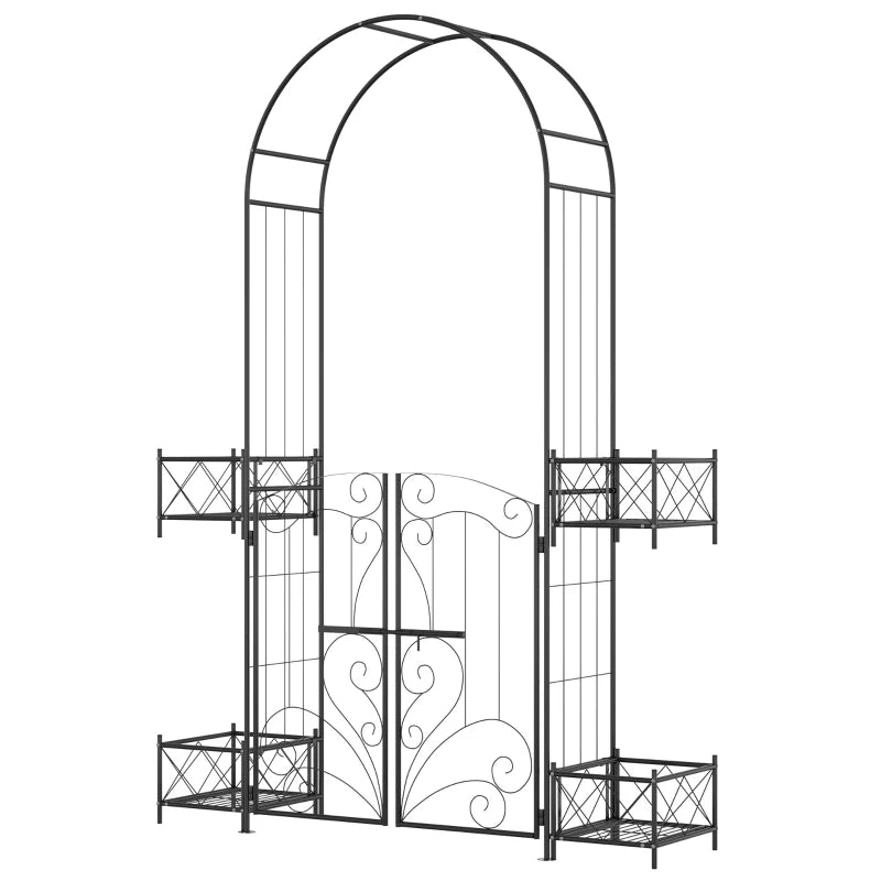 7.1FT Metal Garden Arch with Gate and 4 Planter Boxes, Garden Arbor Trellis for Climbing Plants, Outdoor Wedding, Decoration, Bridal Party, Black