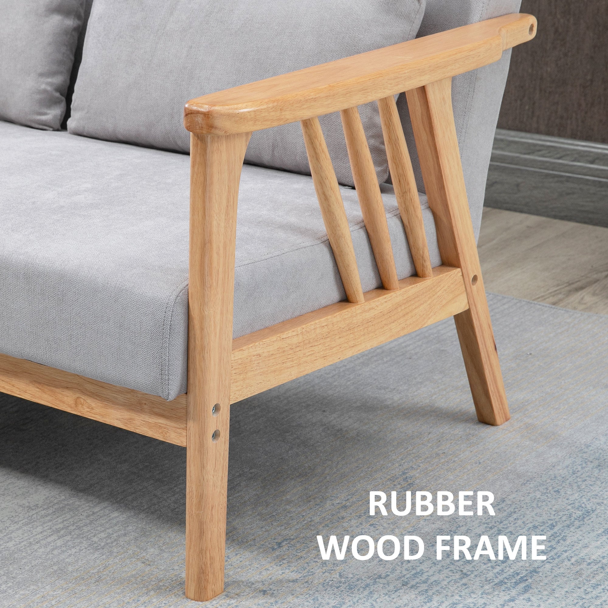 HOMCOM Loveseat Sofa 55" 2-Seater Upholstered 2 Throw Cushions Rubber Wood Frame Grey 