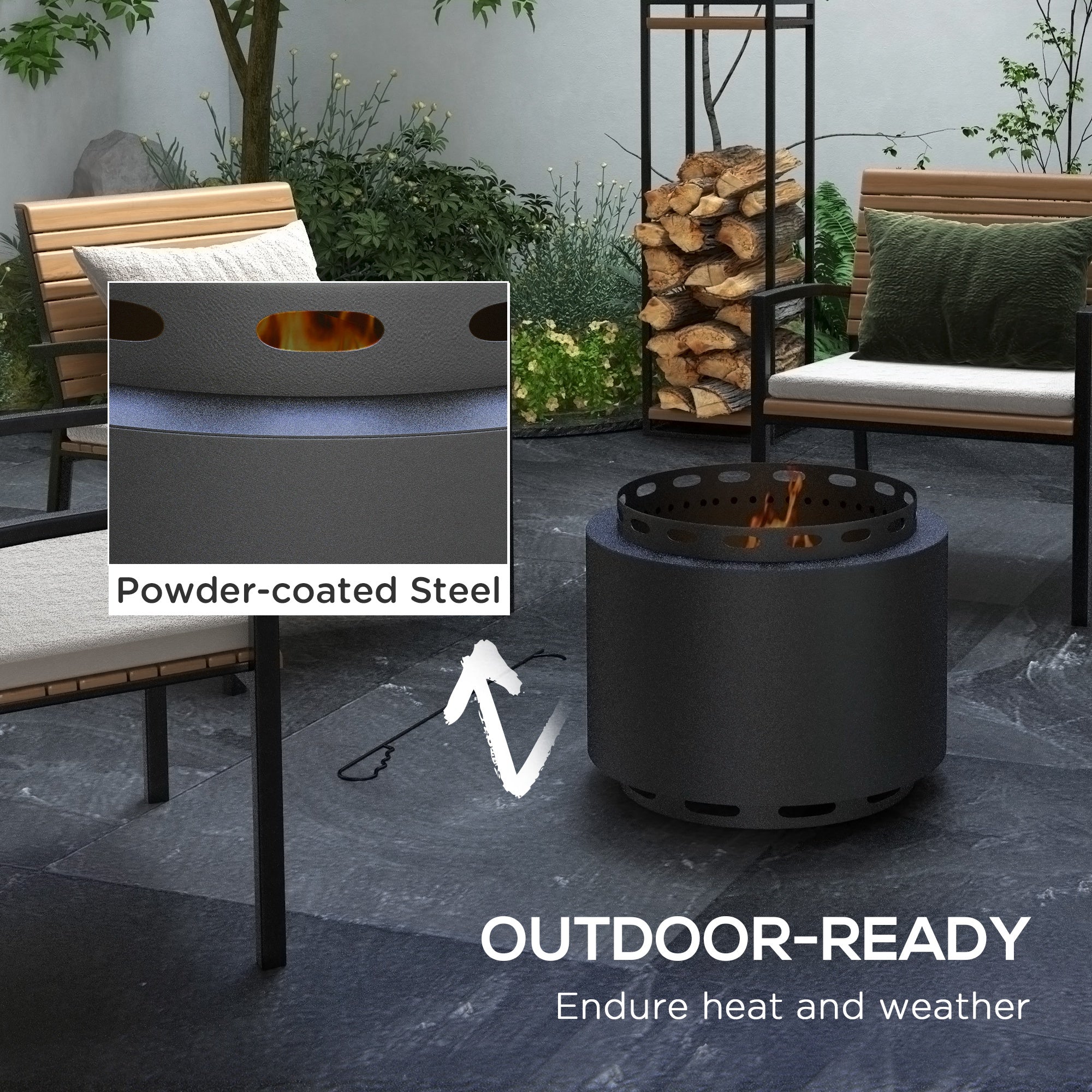 Outsunny Smokeless Fire Pit, Portable Wood Burning Firepit with Poker for Garden Camping Bonfire Party, Metal, Black 