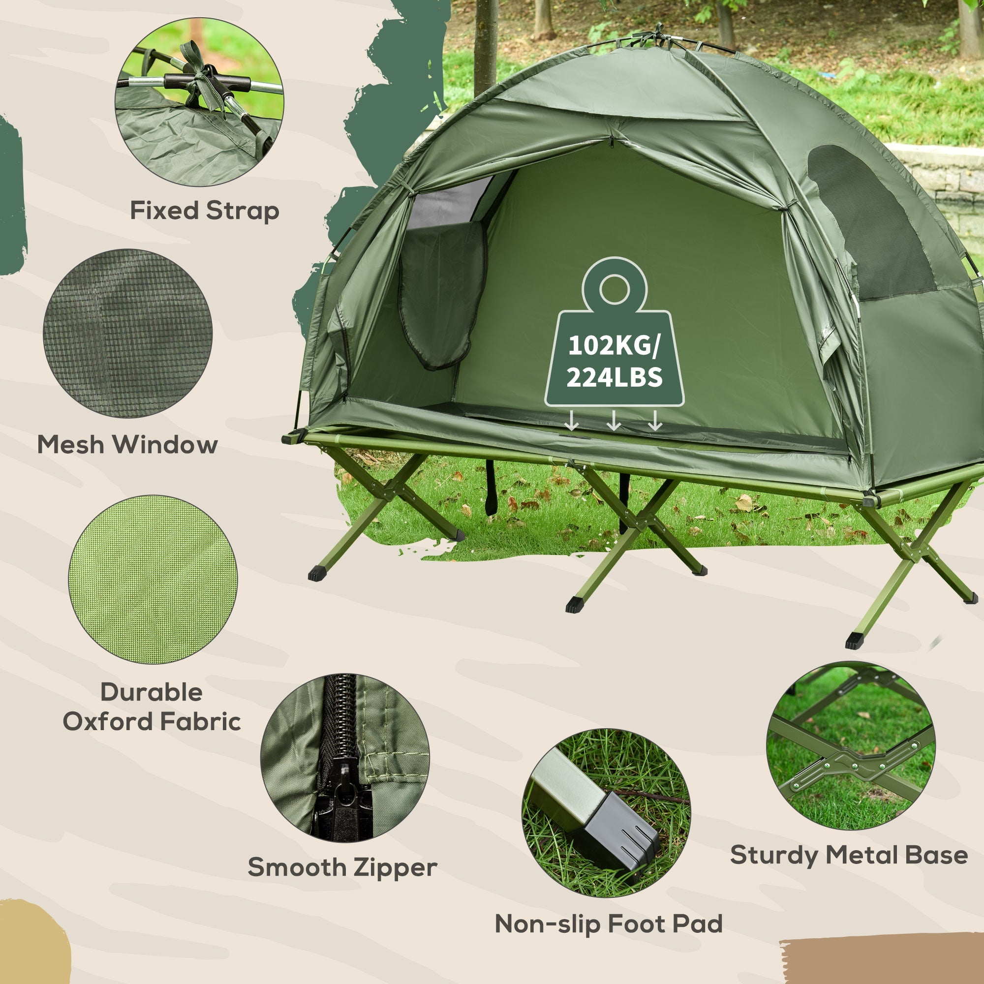 Outsunny Pop Up Camping Cot Tent Combo Set Portable Folding Outdoor Elevated Bed Dark Green 