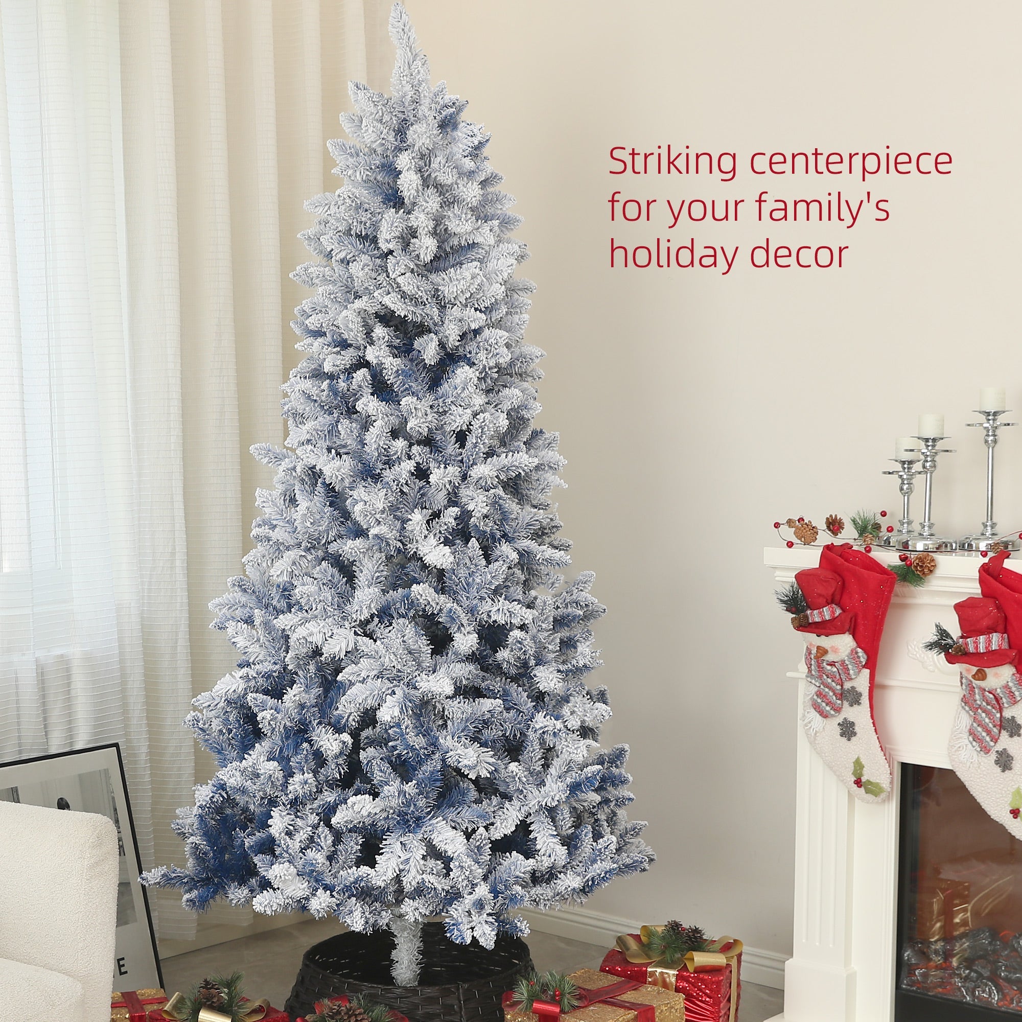 HOMCOM 7ft Flocked Blue Christmas Tree, Artificial Christmas Tree with Hinged Design, Faux Snow, for Home Office Holiday Xmas 