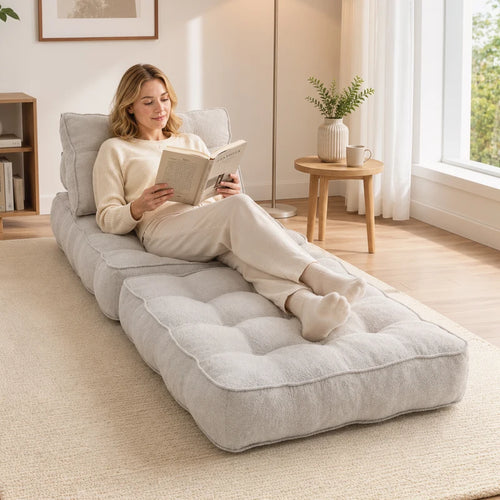 3-in-1 Folding Sofa Bed Chair with Thick Cushion & 2 Pillows – Beige Grey