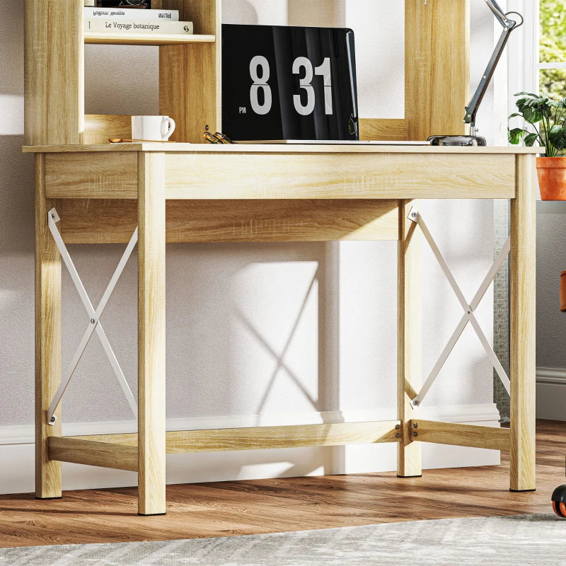 Computer Desk with Hutch, Home Office Table with Storage Shelves and Open Compartments for Writing, Work, Oak