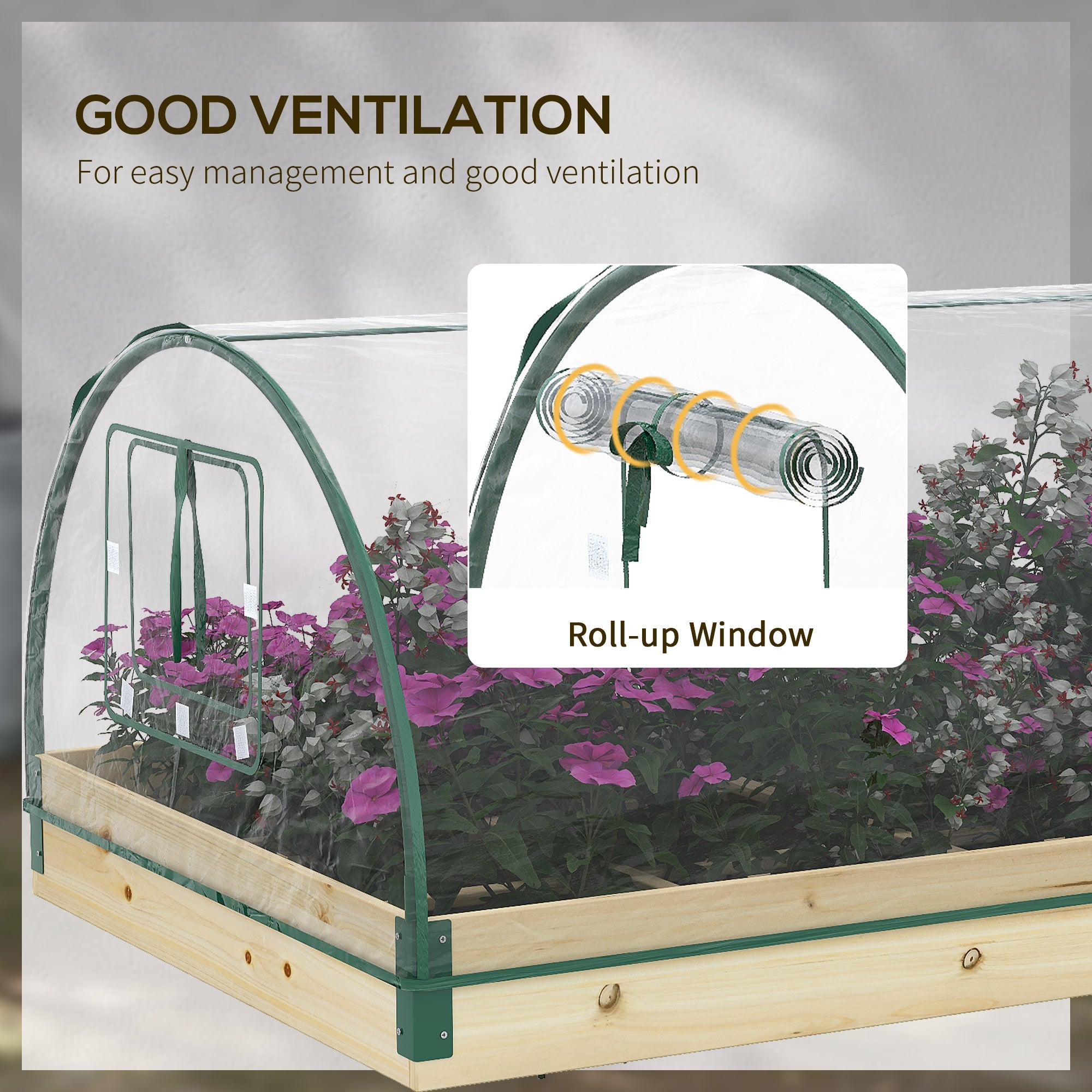 Outsunny 12 Pockets Raised Garden Bed with Greenhouse and Roll Up Windows for Vegetables, Flowers, 4' x 3' x 2', Natural Wood 