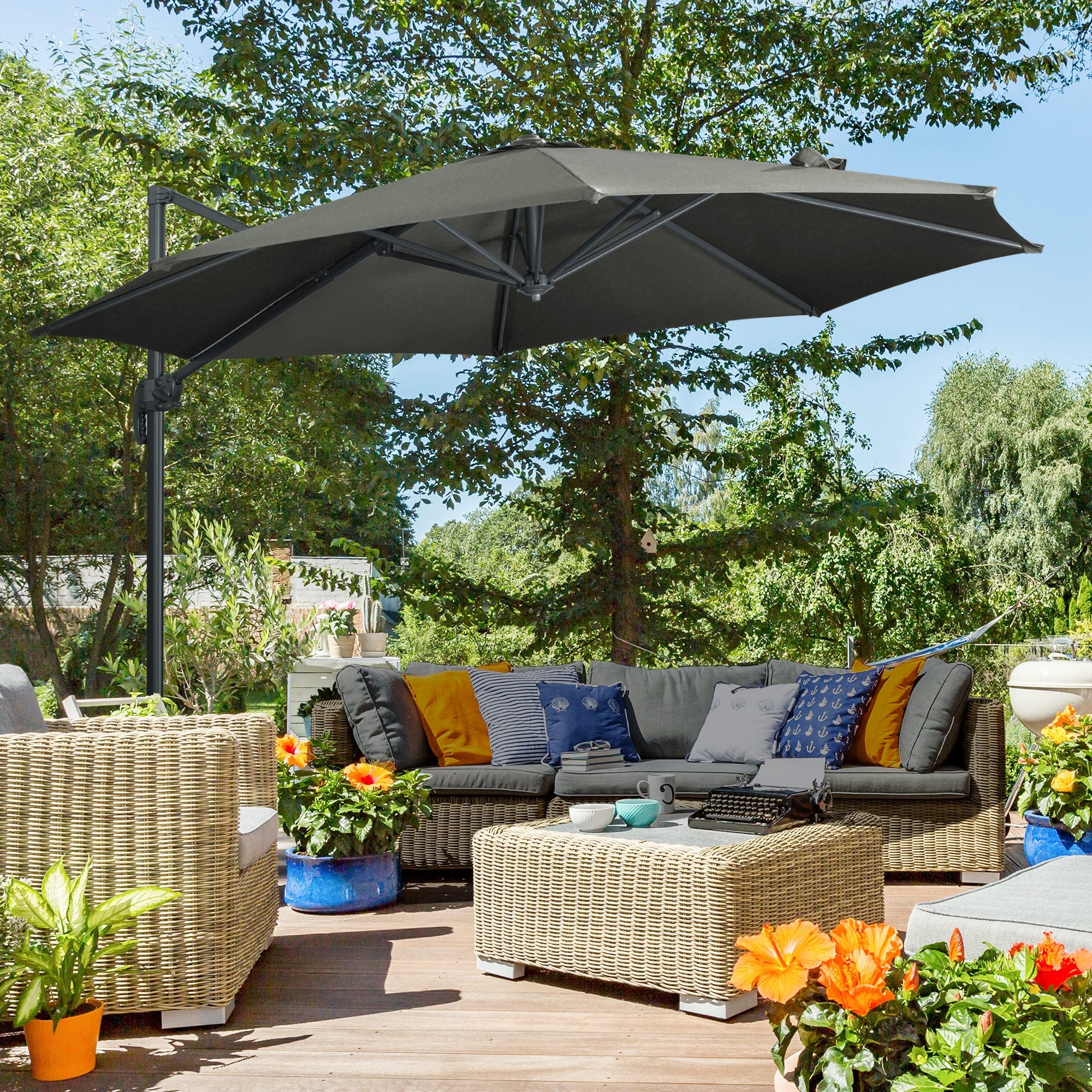 Outsunny Patio Offset Cantilever Umbrella: Φ9.6ft Aluminum Crank Parasol with 360° Rotation & Cross Base, Grey 