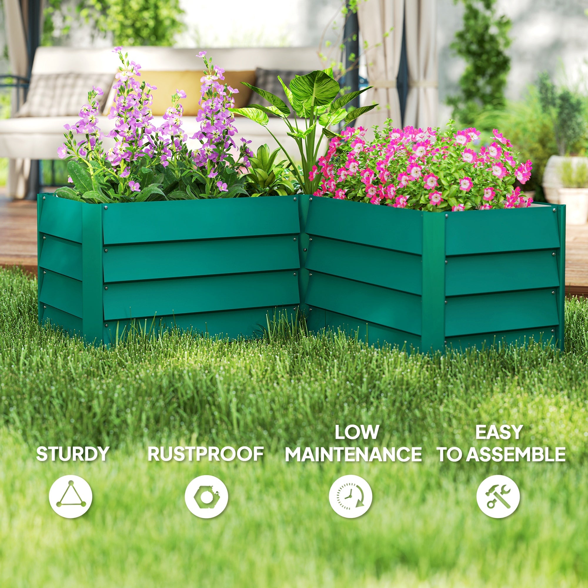 Outsunny 45" x 45" x 17" L-Shaped Galvanized Steel Raised Garden Bed for Vegetables, Flowers, Herbs, Green 