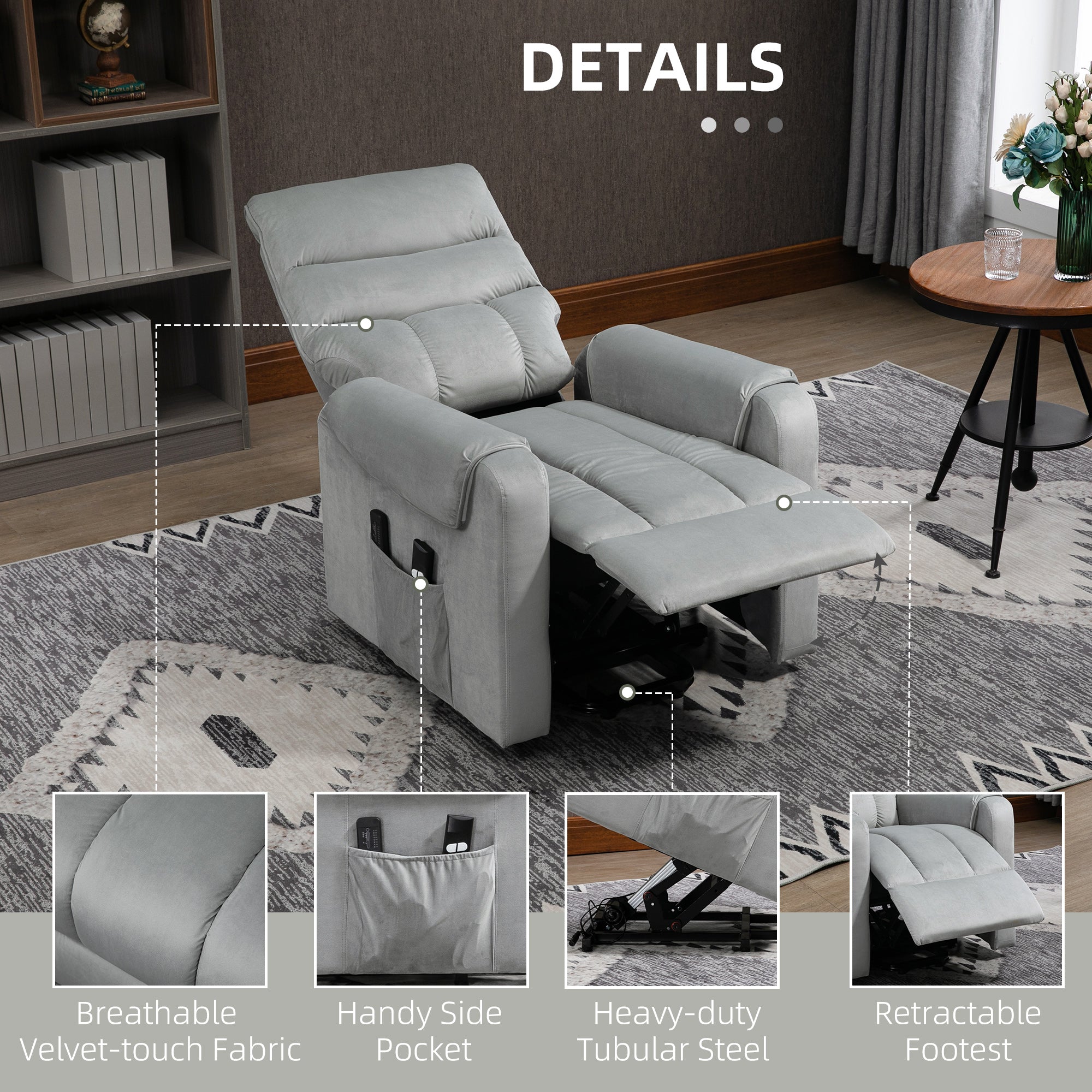 HOMCOM Massage Lift Recliner Chair: 8 Vibration Points, Footrest, Remote Control, Side Pockets, Grey 
