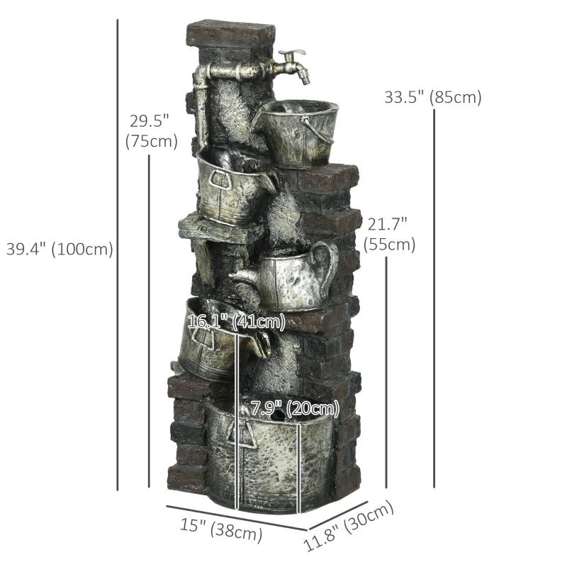 5-Tiered Faucet & Barrel Outdoor Water Fountain with LED Lights, Adjustable Flow, 39.4-inch Resin Waterfall Fountain
