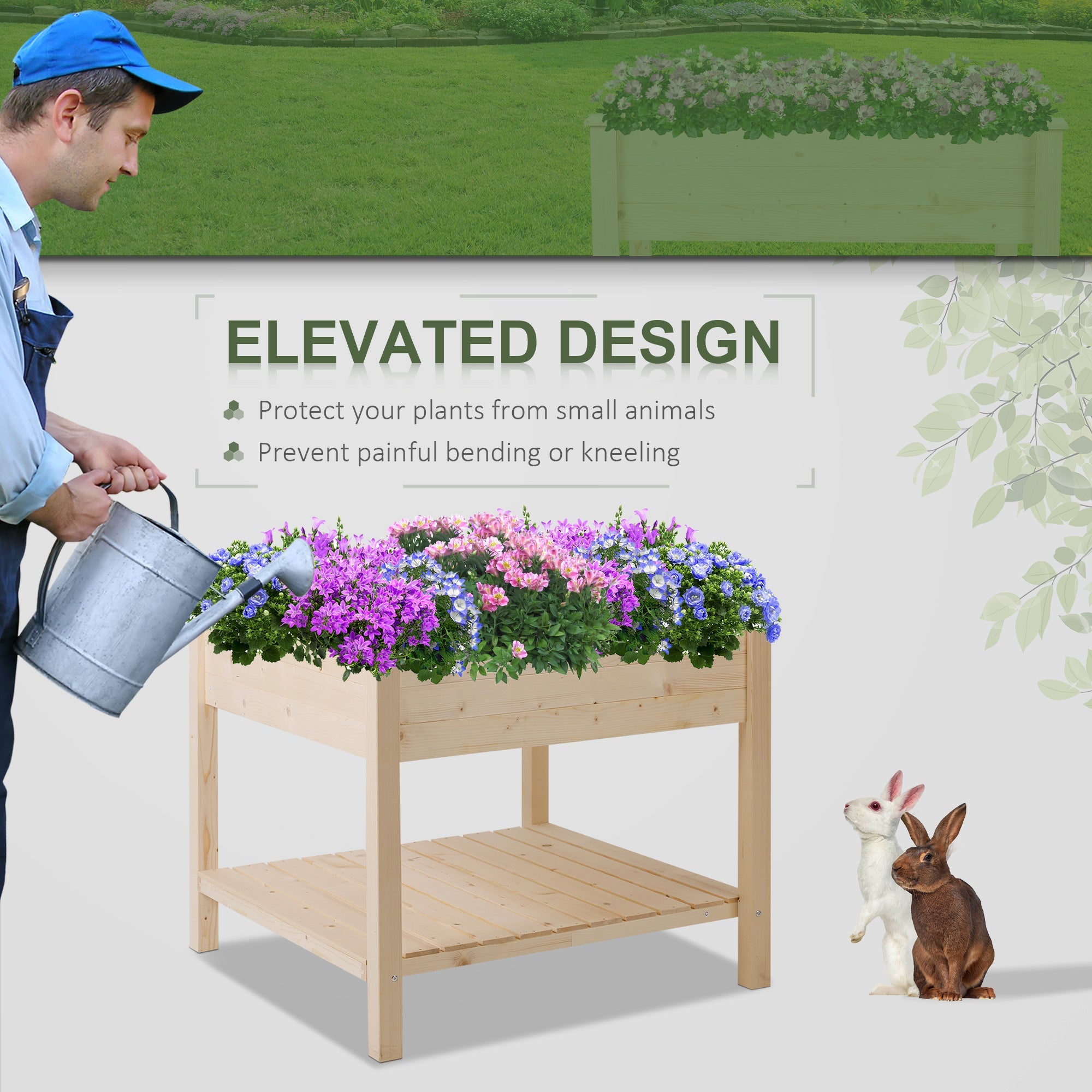 Outsunny Elevated Wooden Planter Box 35.75'' Outdoor Raised Garden Bed with Storage Shelf for Vegetables Flowers Herbs 