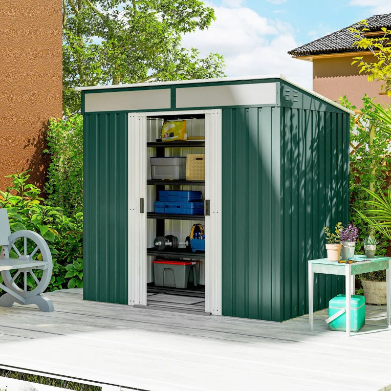 6.5x4FT Galvanised Metal Shed with Foundation Kit, Lockable Garden Tool Storage House with Sliding Doors, Vents, Green