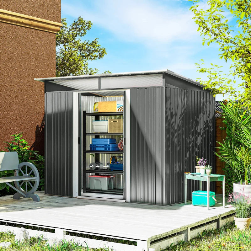 9' x 6.5' Outdoor Metal Garden Shed Utility Tool Storage Steel Backyard House, Dark Grey