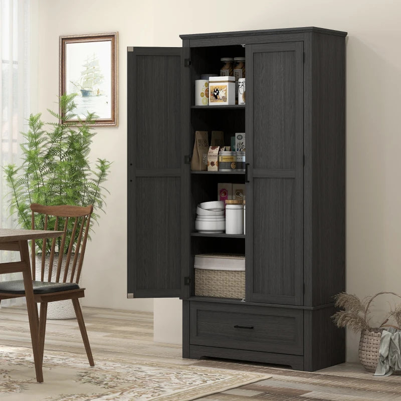 69" Tall Farmhouse Kitchen Pantry Cabinet with 2 Doors, Drawer and Adjustable Shelves, Black Wood Grain