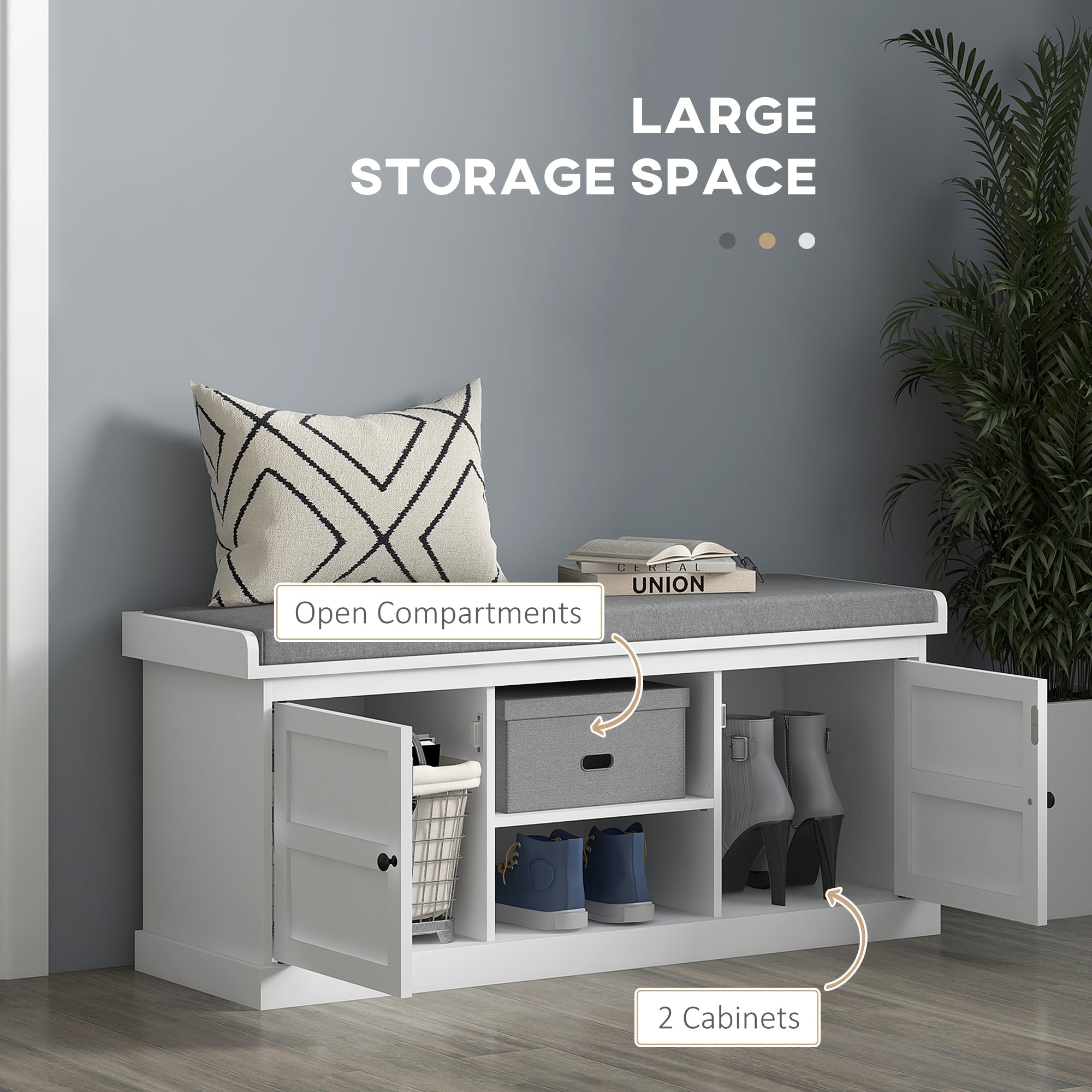 HOMCOM Shoe Storage Bench with Cushioned Seat, Entryway Bench Seat with 2 Cabinets and Adjustable Shelf for Hallway, White 
