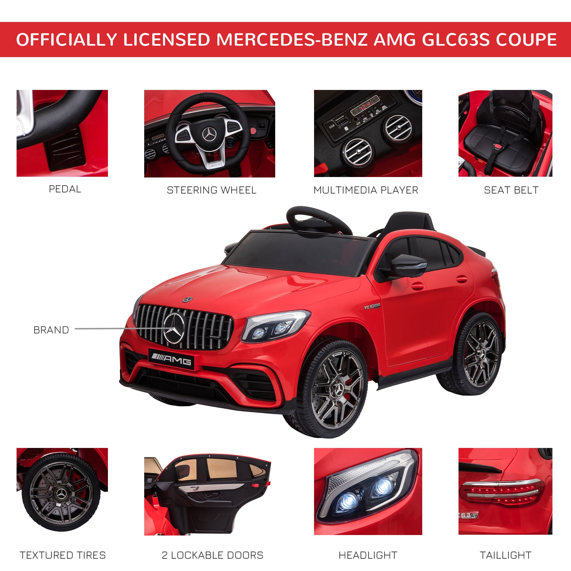Aosom 12V Ride On Toy Car for Kids with Remote Control, Mercedes Benz AMG GLC63S Coupe, 2 Speed, with Music, Electric Light, Red 