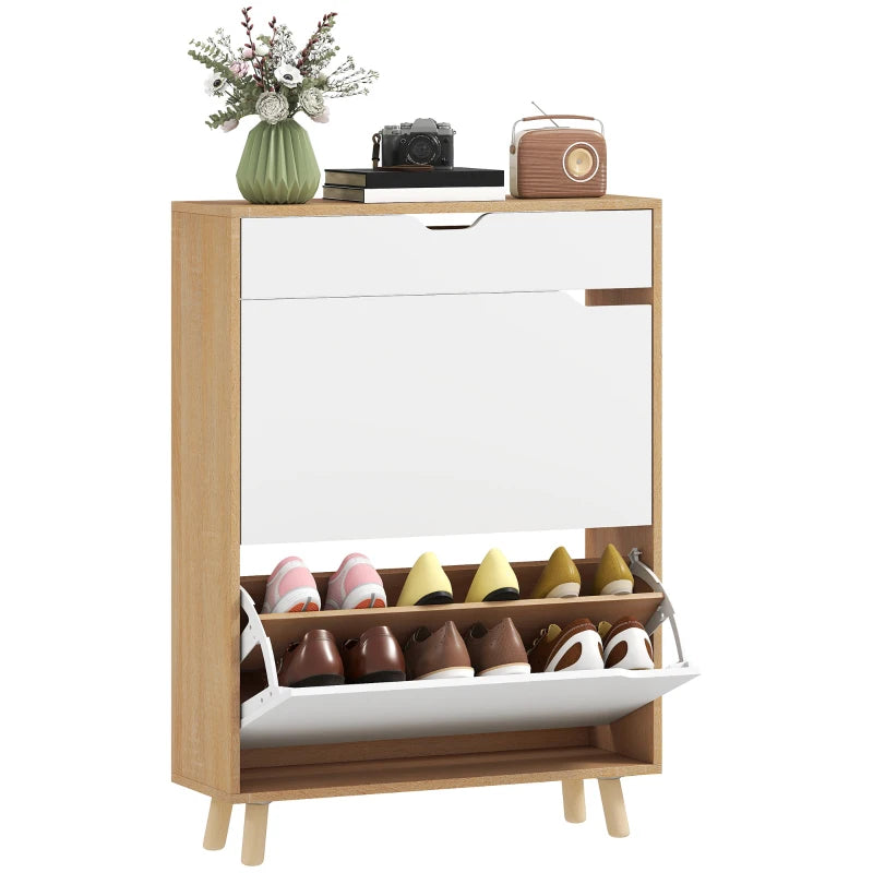 Narrow Shoe Cabinet for Entryway with 2 Flip Drawers, Top Drawer and Adjustable Shelves for 12 Pairs of Shoes, White