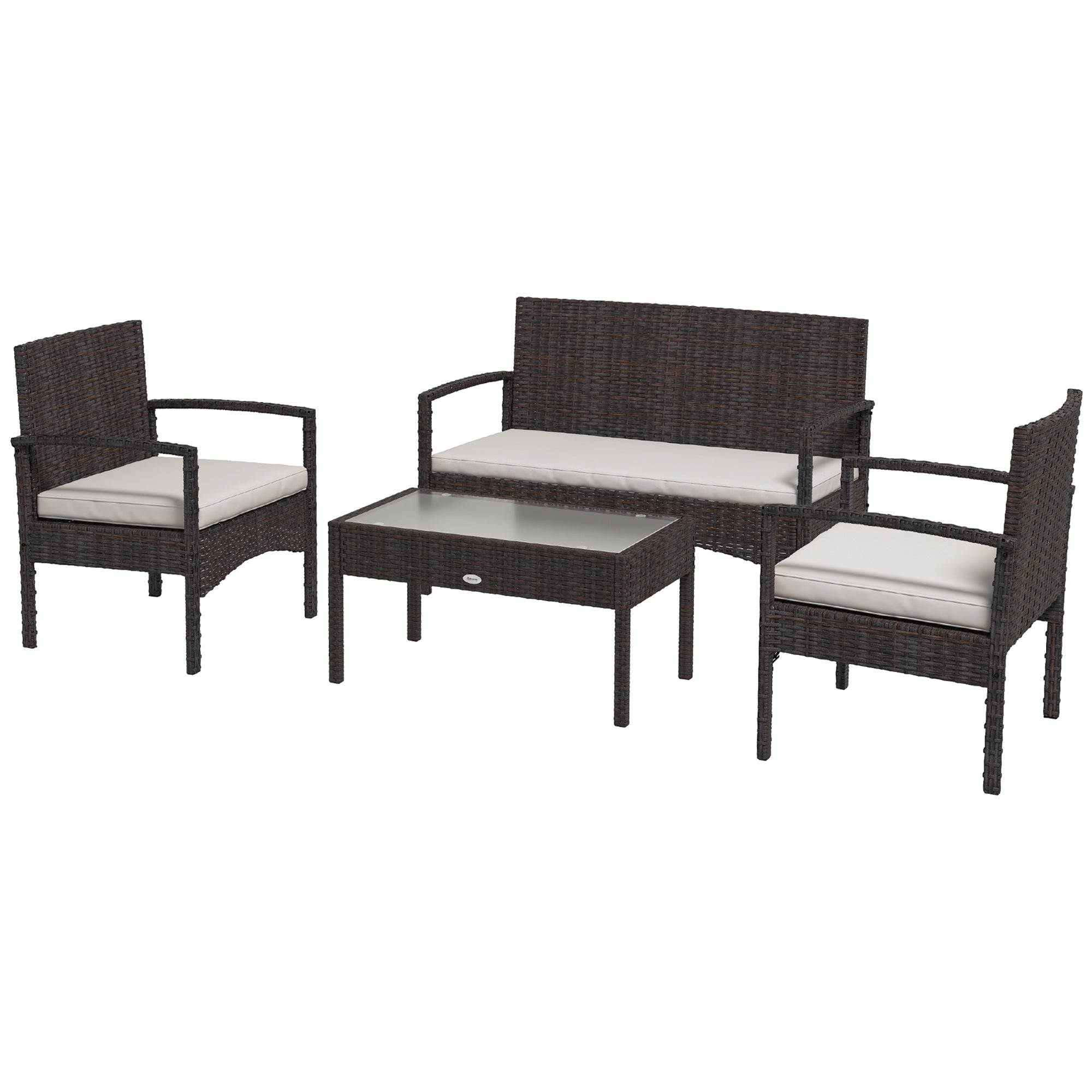 Outsunny 4-Piece Patio Furniture Set Loveseat Sofa Armchairs Glass Table Outdoor Wicker Conversation Set White 