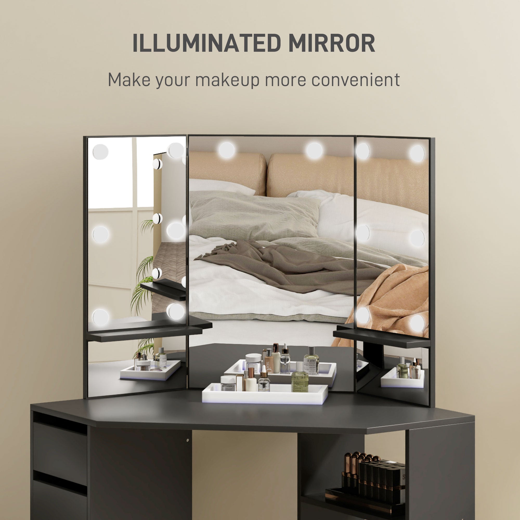 HOMCOM Makeup Vanity Desk with 3-Panel Mirror and 10 LED Lights, Dressing Table with 5 Drawers and Shelves for Bedroom, Black 