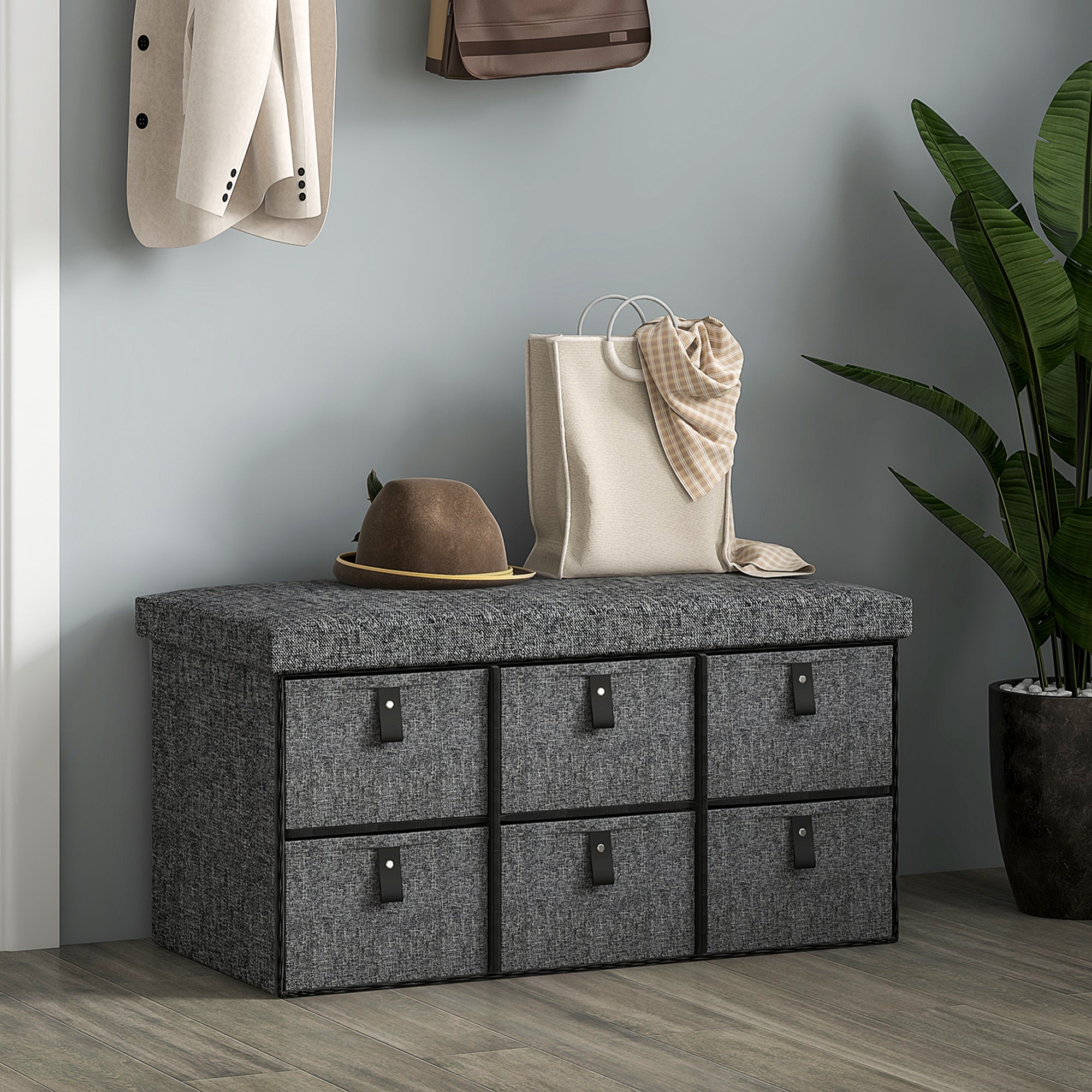 HOMCOM Shoe Bench with Seat, Shoe Storage Bench with Cushion and 6 Fabric Drawers for Entryway, Hallway, Bedroom, Charcoal Grey 