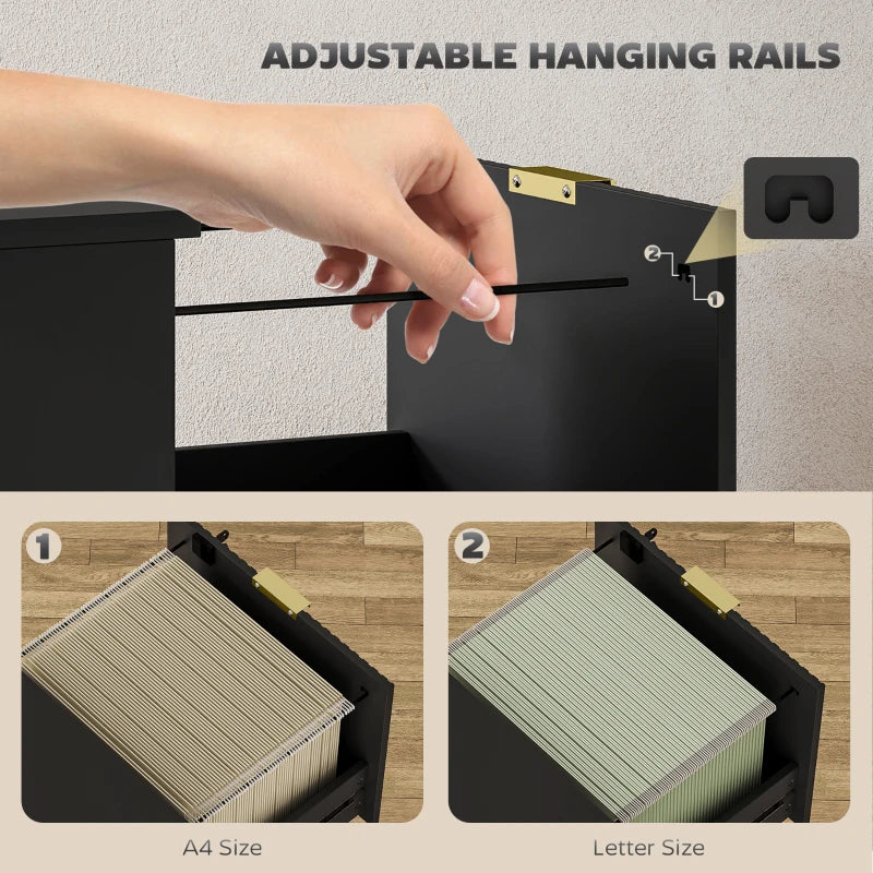 Lockable Filing Cabinet with 2 Fluted Drawers, File Cabinet with Adjustable Hanging Rails for A4 Letter Files, Black