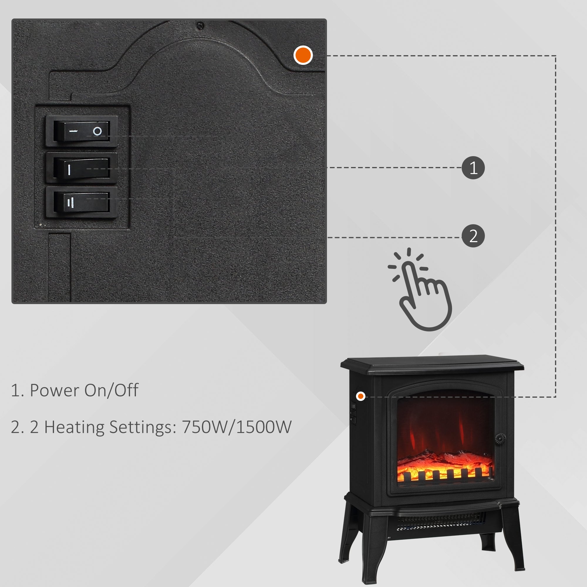 HOMCOM Electric Fireplace Heater, Freestanding Fireplace Stove with Realistic Flame Effect, 750 with 1500W, Black 