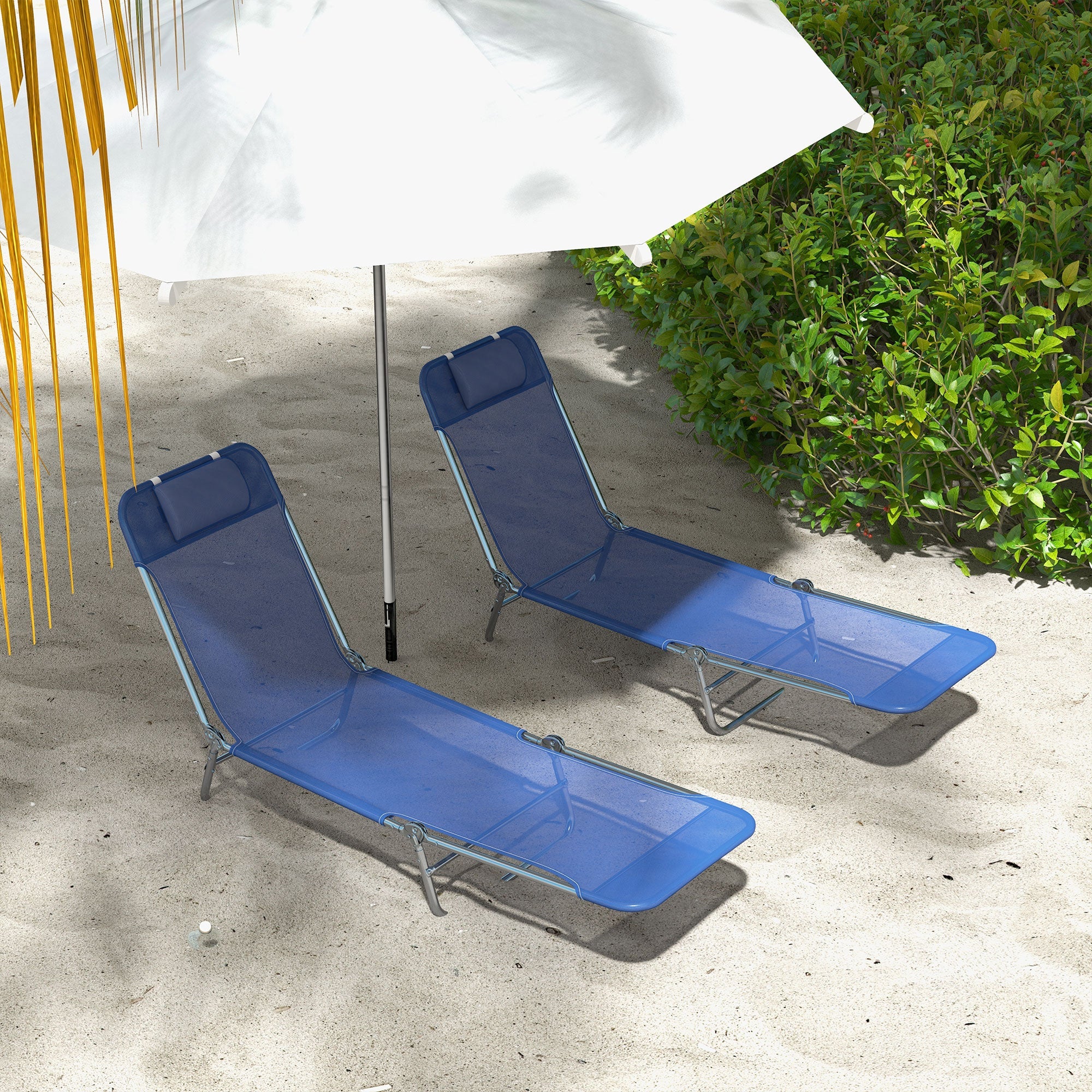 Outsunny Set of 2 Folding Chaise Lounge Chairs, Outdoor Poolside Sun Tanning Chairs w/ Pillow, Reclining Backrest, Dark Blue 