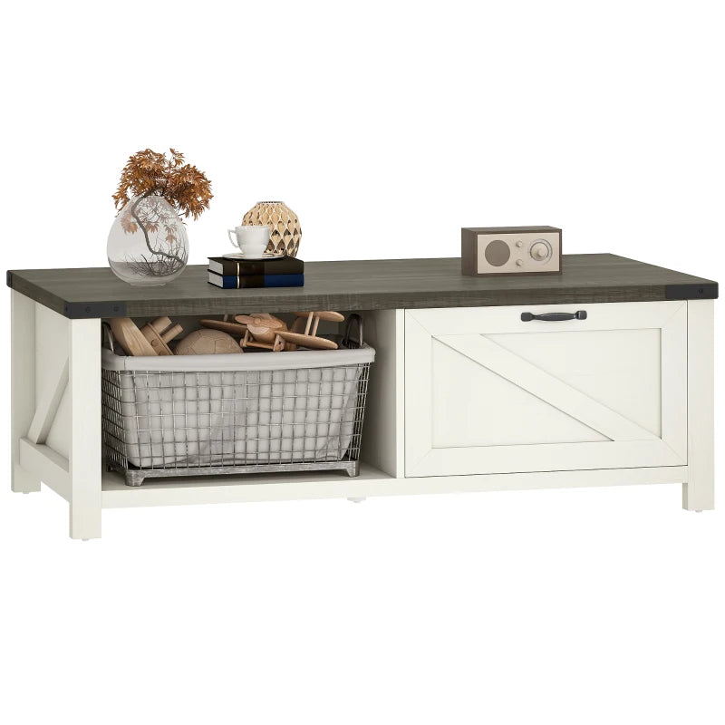 Farmhouse Coffee Table with Drawer, Open Storage Shelf for Living Room, Dining Room, Office, Distressed White
