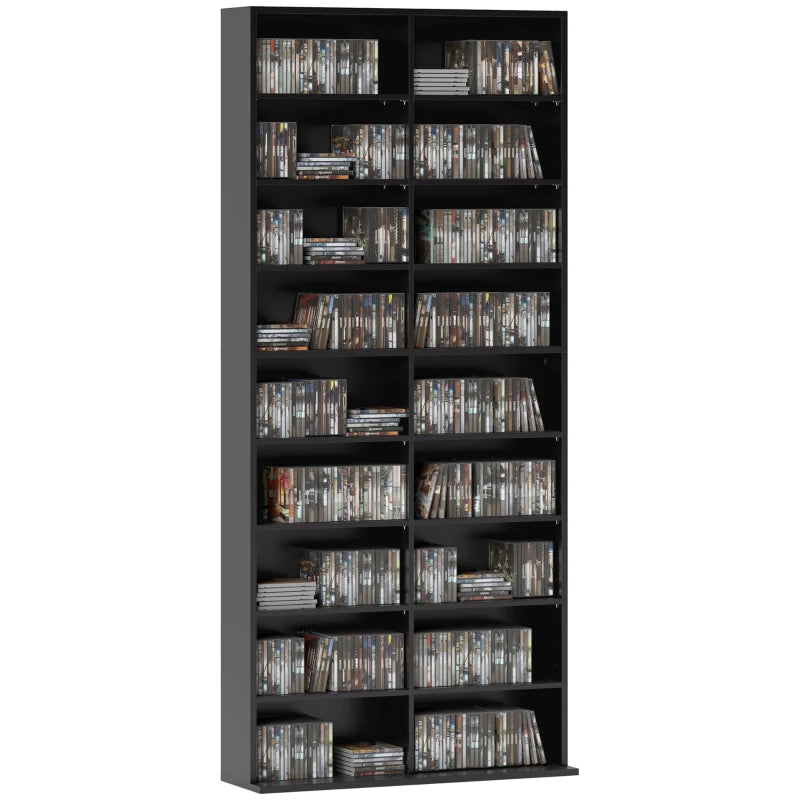 9-Tier DVD Shelf with 18 Compartments and 14 Adjustable Shelves, Holds 640 CDs, 360 DVDs or 430 Blu-rays, Black